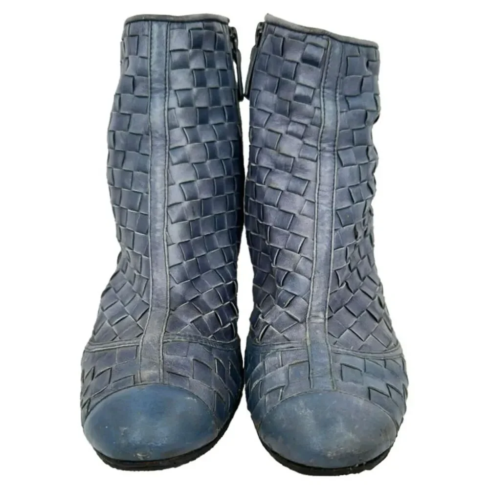 Chanel CC Woven Accent Ankle Boots in Blue Leather